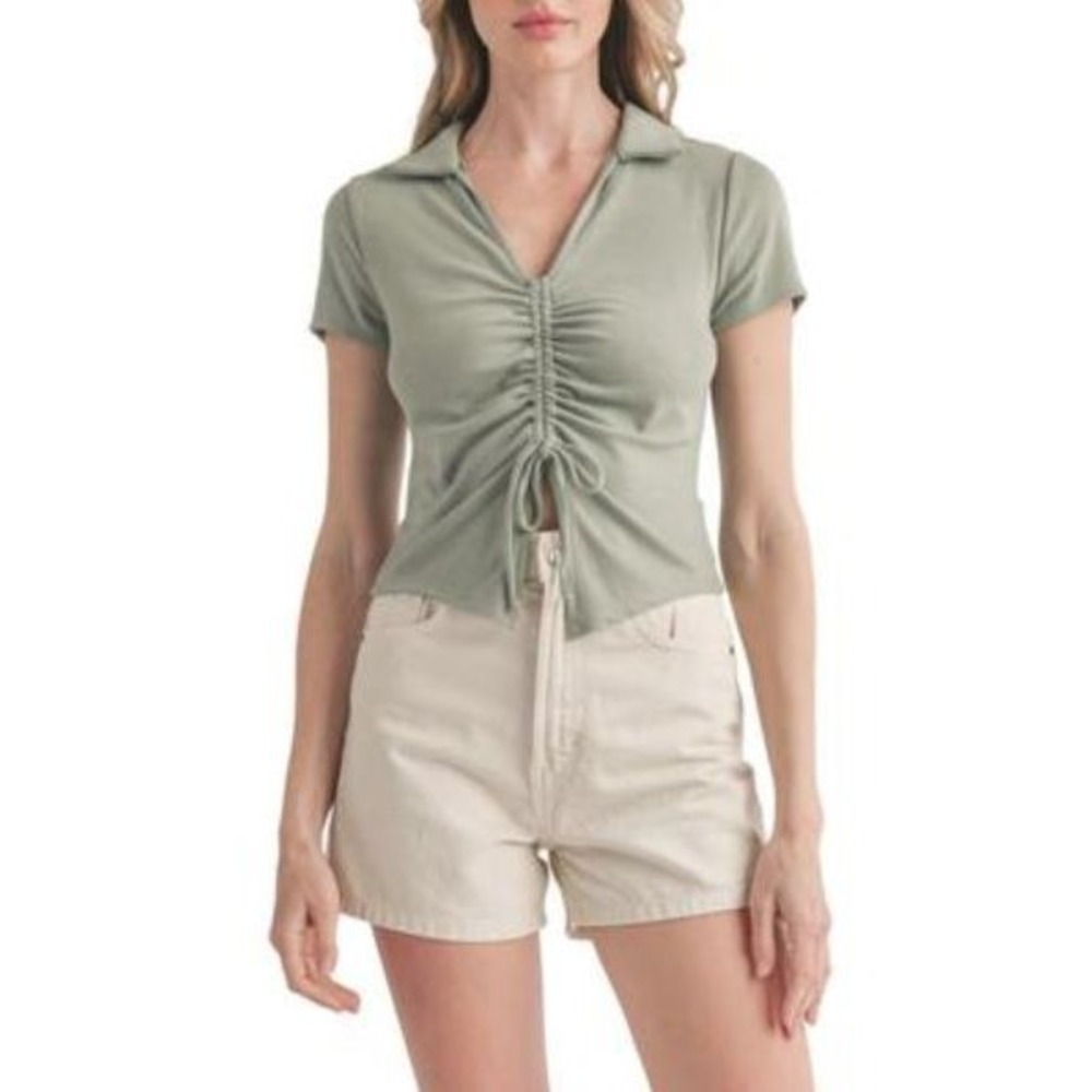 Lush Women's Collared Short Sleeve Ruched Drawstring Crop Top in Sage Medium